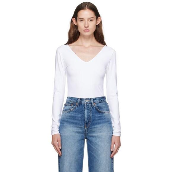 Re/Done V Neck Long Sleeve Body Suit in White L - Picture 1 of 4